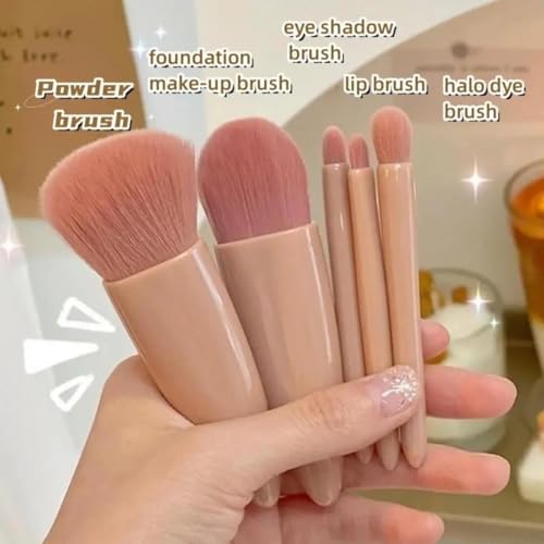 Image of UCRAVO 5-in-1 Small Mini Makeup Brush Kit with Mirror - Compact Travel Cosmetic Set for Face, Eyeshadow, Blush, Powder & Lip Application - Portable Makeup Brush Kit for Women, Teens & Beginners