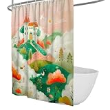 Cortina de Ducha de Cuento de Hadas de Cuento de Hadas de Dibujos Animados, colinas caprichosas, Paisaje Nublado, árboles Rosas, Paloma Blanca, Cortina de Ducha para baño de niños 120 x 200 cm