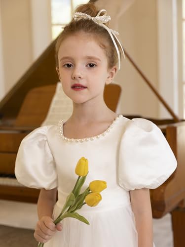MCieloLuna Satin Tulle Flower Girl Dress Puffy Short Sleeve O Neck Pearls Girls Pageant Princess for Wedding Gowns with Bow2