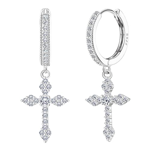 KRFY Argent 925 Boucles D'oreilles Forme de Croix pour Femme Homme Boucles D'oreilles Forme de Croix en CZ Légères de Huggie Boucles d'oreilles 18 K Or Argent