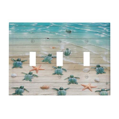 Nadoabtm Decorative Switch Plates Beach Wood Grain Turtle Starfish Wall Plate 3 Gang Wall Plate Triple Toggle Light Switch Cover Faceplate Electrical Wall Panels for Kids Room Nursery Decor