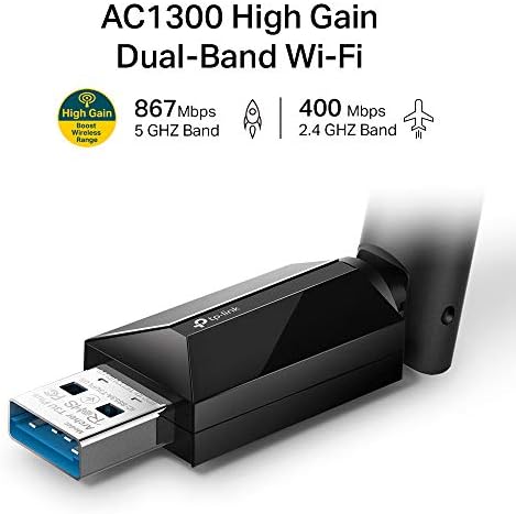TP-Link AC1300 High Gain USB 3.0 Wi-Fi Dongle, Dual Band MU-MIMO Wi-Fi Adapter with 5dBi Antenna for PC/Desktop/Laptop, Supports Windows 11/10/8.1/8/7 (Archer T3U Plus)