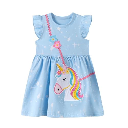 Gumyoss Robe Fille Licorne Enfant Robe Coton Courtes Casual Anniversaire Printemps Ete Fille Vetement 5 Ans Licorne/Bleu2