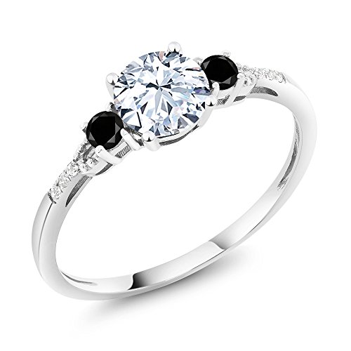 Gem Stone King 10K White Gold White Created Sapphire Black Diamond & White Diamond Accent 3-Stone Engagement Ring | 1.38 Cttw | Wedding Anniversary Promise Gold Ring For Women