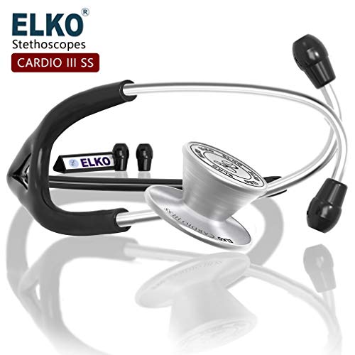 Image of ELKO EL-060 CARDIO III SS Stainless Steel Acoustic Stethoscope | Two-Way PVC Tubing | Double Sided Chestpiece For Adult & Pediatric Patient | Doctors & Medical Students (Black)