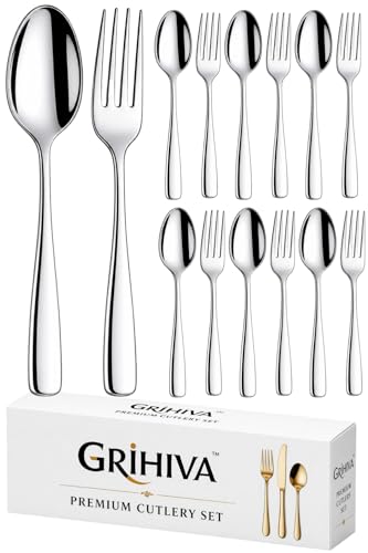 Image of 12-Pcs. Silver Cutlery Set - Stainless Steel Flatware Service for 6 with 6 Dinner Spoons & 6 Dinner Forks - Mirror Polished & Dishwasher Safe Silverware for Home and Restaurant