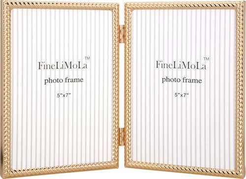 FineLiMoLa 5x7Double Frames Gold Rope Design Metal Photo Frame with black Velvet Backing and Real Glass Front 5x7 Hinged Double Picture Frame for Tabletop and Shelf Display