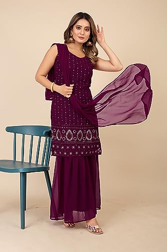 Image of TILKI Women's Embrodery Work Kurti With Sharara And Dupatta Set