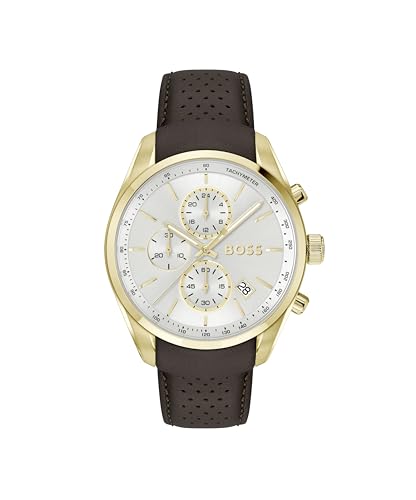 Image of BOSS Grand Prix 44 Qtz Fashion Chrono Silver White Round Dial Men's Watch|Brown Leather Material|Brown Color Band - 1514225