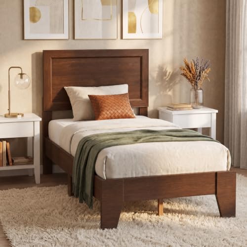 Image of GIANTEX Twin Size Wooden Bed Frame with Headboard, Wood Slat Support