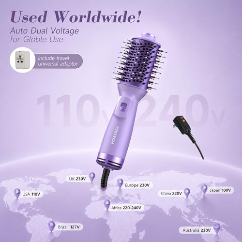 Image of PRITECH Auto Dual Voltage Hair Dryer Brush for Travel,Ionic Hair Styler | 110-240V Mini Hot Air Brush,Blow Dryer Brush in one,Volumizer Straightener Curler,Compact Lightweight Portable,Purple
