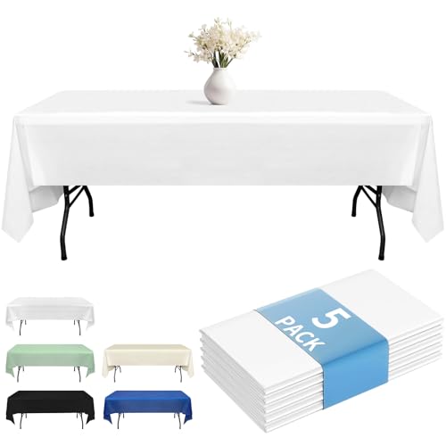Fixwal Plastic Table Cloth Disposable 5 Pack, 54 x 108 Inch Table Cloths, Party, Picnic, Wedding, Decorative Tablecloths, Rectangle, White Plastic Cover, Leakproof & Sturdy, White