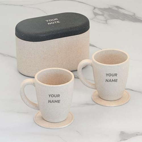 Image of Eha Earth Friendly Customised Coffee Mugs and Coasters Set of 2 with Loopac, 300 ml | Made with Rice Husk Biocomposite | Personalized Gifts for Friends and Family | Sand Castle
