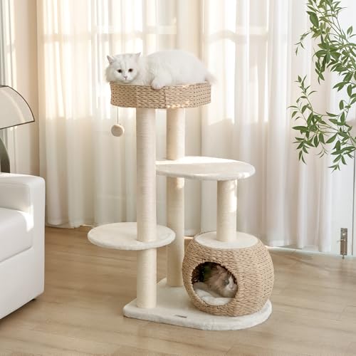 KAMABOKO Modern Cat Tree, Cat Trees for Indoor Cats w/Natural Sisal Scratching Posts, Hand-Woven Condo & Top Perch, 39