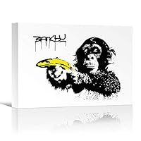 SIGNWIN Framed Canvas Wall Art Banksy Monkey with Banana Print Graffiti & Street Art Famous People Pop Art Modern Urban Multicolor for Living Room, Bedroom, Office - 12x18 inches