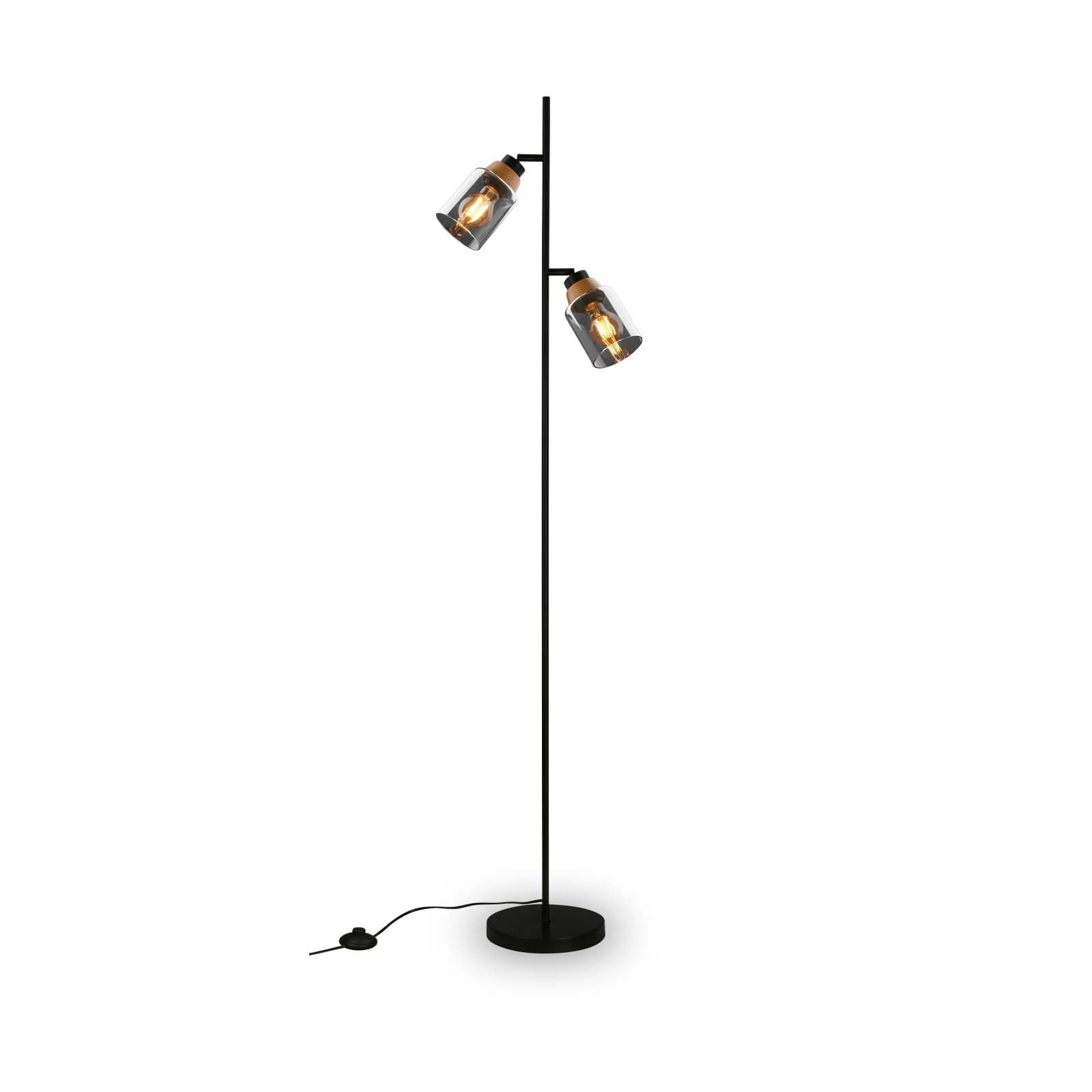 BRILONER - Lámpara de pie como decoración en el salón y lámpara de lectura, lámpara giratoria, lámpara de salón, interruptor de pie, cristal ahumado, madera negra