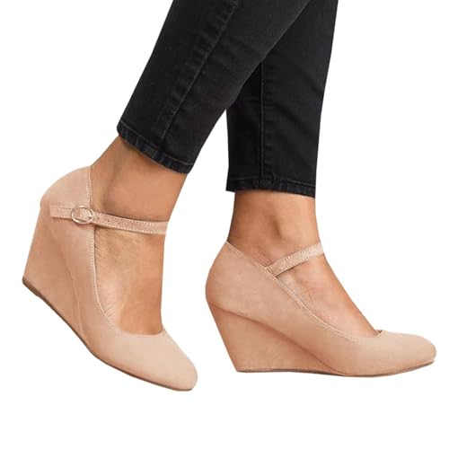 Image of Coutgo Womens Wedge Pumps Dressy Mary Jane Shoes Comfort Wedges Closed Toe Ankle Strap Heeled Shoes