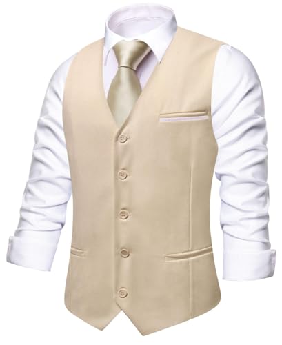 Image of Hi-Tie Men's Formal Suit Vest Solid Fit Vest for Men 3 Pockets V Neck Waistcoat Business Wedding Casual