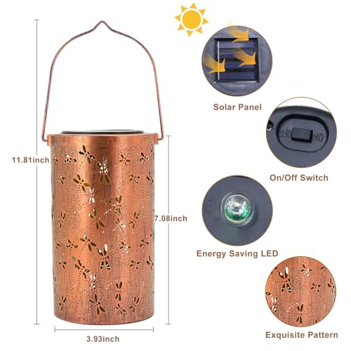 Image of BSGlobal Dragonfly Solar Lanterns Outdoor Waterproof Hanging Lights | Dragonfly Garden Decor Gifts for Women Mom Grandma, Metal Decorative Solar Lanterns for Yard Patio Porch Balcony Garden Decor