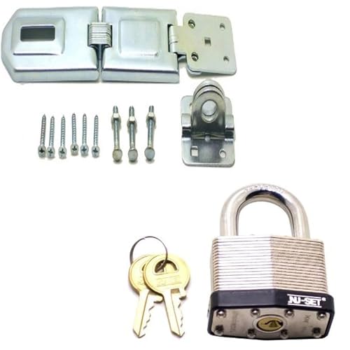Image of NU-SET Heavy-Duty Security Set | 1-1 /2 inch Laminated Steel Padlock with 7-1 /2 inch Single Hinged Steel Hasp | Corrosion-Resistant Lock & Hasp Combo for Doors, Gates, Sheds & Lockers