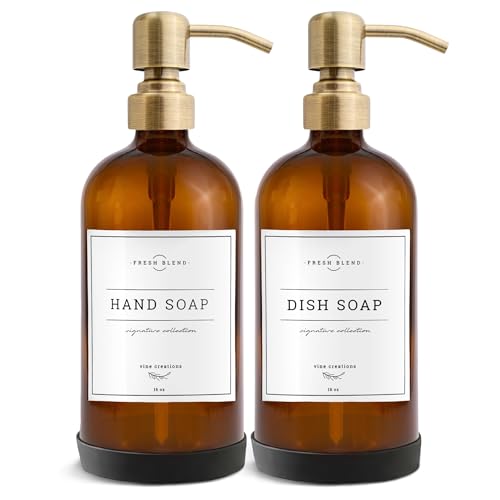 Vine Creations Amber Glass Soap Dispenser, 2 Pack Kitchen Soap Dispenser Set with Stainless Steel Pump, 16 oz Dish Soap and Hand Soap Dispensers for Bathroom with Waterproof Labels