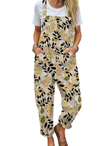 Image of YESNO Women's Overalls Cotton Boho Casual Floral Bib Jumpsuit Baggy Adjustable Strap Romper with Pockets PVV