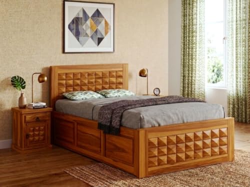Image of Solid Sheesham Wood Single Size Bed with Storage|Wooden Box Single Size Cot Bed with Storage Box for Home,Bedroom,Hotel,Living Room|3D Diamond Hand-Carved Design Headboard|Honey Finish