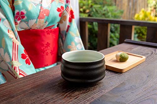 Mycha-Complete Matcha Ceremony Gift Set -Japanese Handcrafted Matcha Tea Bowl-Bamboo Whisk-Scoop-Scoop Holder-Stainless Steel Sifter-Ceramic Whisk Holder-Tea Cloth-Tea Tray,Prep Guide (Black Pottery) #TOP7