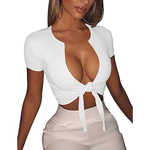 BORIFLORS Women's Sexy Tie Up Crop Top Short Sleeve Deep V Neck Casual Basic T Shirt,Small,White Cover