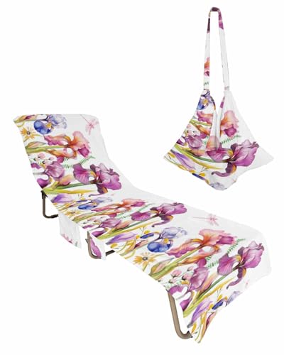 Spring Floral Beach Lounge Chair Towel Cover, Soft Chaise Lounge Towel with Side Pockets Patio Pool Chairs Cover for Beach/Pool Sunbathing 29x85 Pink Blue Vintage Flowers Botanical