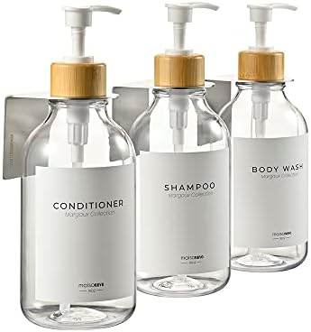 MaisoNovo Shampoo Dispenser for Shower Wall Mount - Drill Free Glass Shampoo and Conditioner Dispenser Set with Labels | 3 Clear Bamboo Shower Shampoo Dispenser 3 Chamber White Soap Pump Dispenser