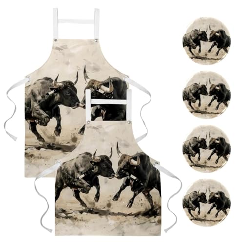 Lot de 2 tabliers de cuisine Taureau en combat imprimé multicolore One Large pour restaurant