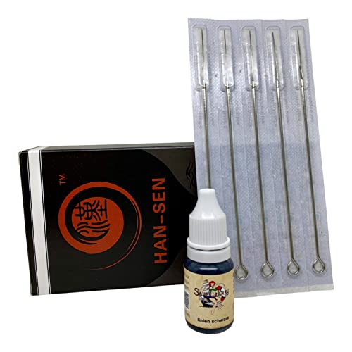 1 x REACH-konforme deutsche Tattoofarbe Schwarz 10 ml von Sailor Jerry und 5 Stück Tattoonadeln 3er Rund Liner (round liner) von HAN-SEN Starter Kit für Stick and Poke deutsche Tattootinte