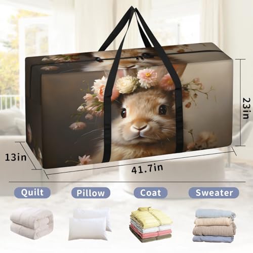Fantastic Rabbit Extra Large Moving Bags Heavy Duty Storage Bags Flowers Rabbit Cloth Wrap Around Handles Double Zipper Reusable Convenient Foldable Storage Tote for Travel Camping Space Save2
