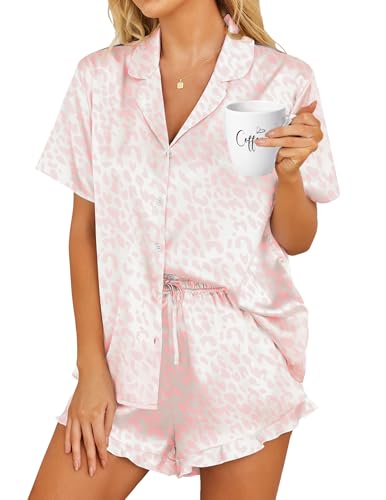 HOTOUCH Womens Silky Satin Pajamas Set Short Sleeve Sleepwear Two Piece With Ruffle Trim Pink Leopard, Medium