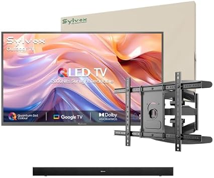 SYLVOX Outdoor TV with Soundbar & Wall Mount & Cover, 65 inch Smart QLED TV, 2000 Nit Full Sun, Weatherproof, 4K UHD, IP56 Waterproof, Commercial Grade 2026 Model