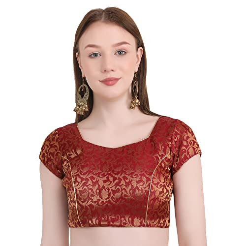 Image of Women's Short Sleeve Brocade (Chanderi) Readymade Stitched Saree Blouse Ready to Wear Half Sleeves Ladies Blouse