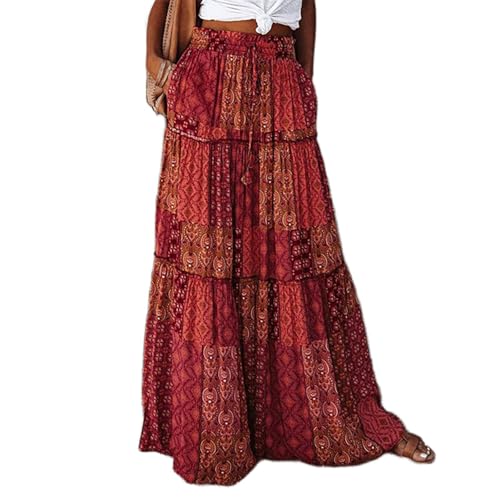 Summer Boho Flowy Long Skirts for Women Trendy Vintage Tiered Print High Waist Ethnic Vacation Beach Maxi Skirt