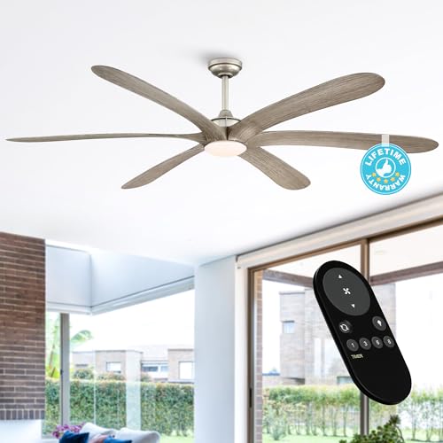 Ceiling Fans with Lights and Remote 72 Inch Large Farmhouse Ceiling Fan for Bedroom Living Room Garage, Flush Outdoor Ceiling Fans for Patios, DC Motor Reversible 6 Blades, Timer, Nickel