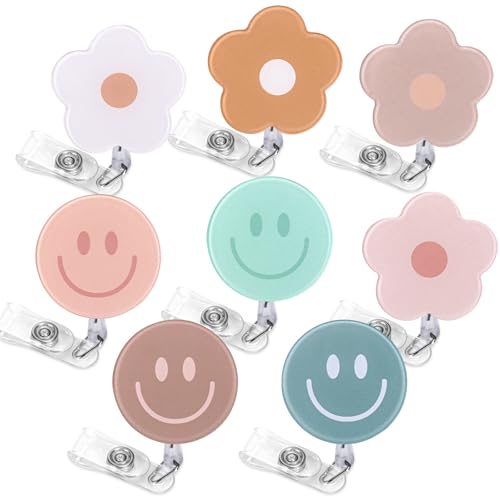 Whaline 8Pcs Light Boho Flower and Smile Acrylic Retractable Badge Holder with Clip Colorful Round