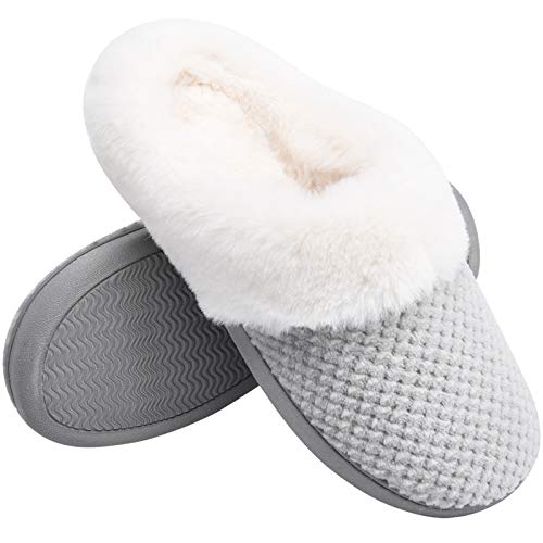 Temi Women's Soft Warm Memory Foam Slippers,Faux Fur Lined Fluffy Slip On House Shoes with Indoor Outdoor Anti-Skid Rubber Sole Grey