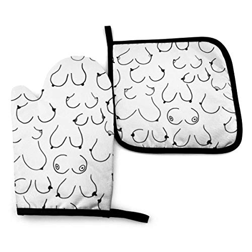 gfhfdjhf Guantes para Horno y agarradera Juego de 2 Piezas Pechos The Breast Impermeable Cocina Mitones Horno Almohadilla Resistente al Calor para Hornear Barbacoa