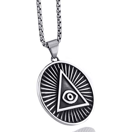 ELFASIO Men Stainless Steel Necklace All Seeing Eye Illuminati Eye of Providence Pyramid Amulet Ancient Symbol Pendant Chain 18-30 inch
