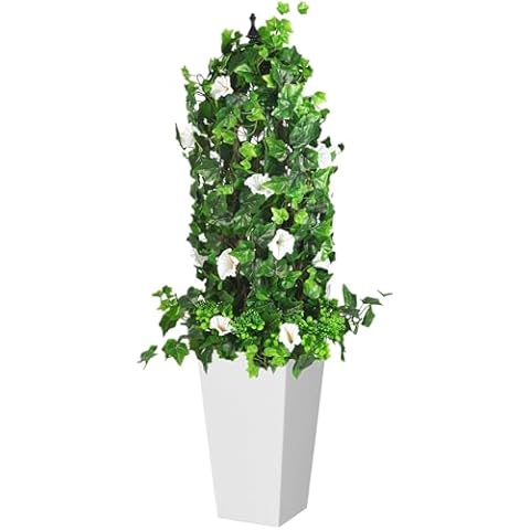 QIANYUN Artificial Vines Potted Plants - 4FT White Morning Glory Vine UV Resistant Fake Potted Plants for Front Door Porch Home Living Room Garden (White-Green) Cover