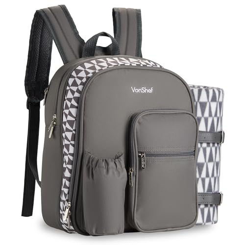 VonShef Picnic Backpack, 2 Person Grey Picnic Bag with Full Dining Set, Insulated Cooler Compartment & Large Waterproof Picnic Blanket, Lightweight Water Resistant Camping Accessories