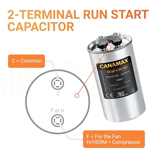 55 uf 55 MFD ± 5% 370 Or 440V (3~80 uF Options Available) 50/60Hz Round Run Capacitor - Fits for Condenser Straight Cool and for AC Motor Run or Fan Start and Cool or Heat Pump Air Conditioner