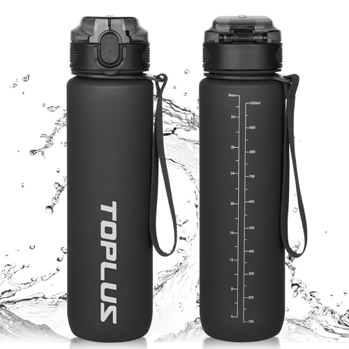 TOPLUS Trinkflasche 1l Sport- 100% BPA-frei, Wassweflasche mit Filter, 1000ml Sportflasche für Fahrrad, Camping, Yoga, Gym, Sport- Leicht, Stoßfest, Wiederverwendbar- Schwarz (1 Flasche)