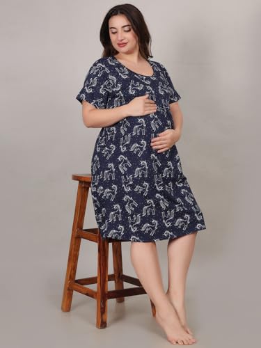 Image of Fabme Women's Above Knee Length Printed Pre and Post Pregnancy Pure Cotton Nursing Nightdress Nighty