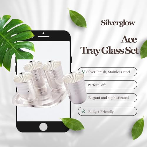 Image of Silverglow Ace Tray Glass Set | Silver Plated Glass Set of 4 with Tray | Juice, Water, Beverages Serving Set | Tableware Set | Perfect Diwali, Office, Wedding Return Gift Item