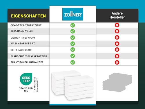 ZOLLNER 10er Set Gästetücher in 30x50 cm - besonders weiche und saugstarke Handtücher in weiß - mit praktischem Aufhänger - waschbar bis 95°C - Baumwolle - Hotelqualität